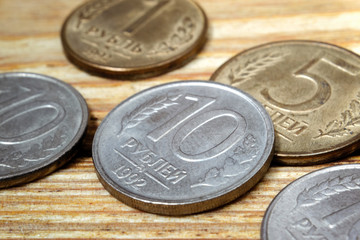 Set of coins of the Bank of Russia on a wooden background