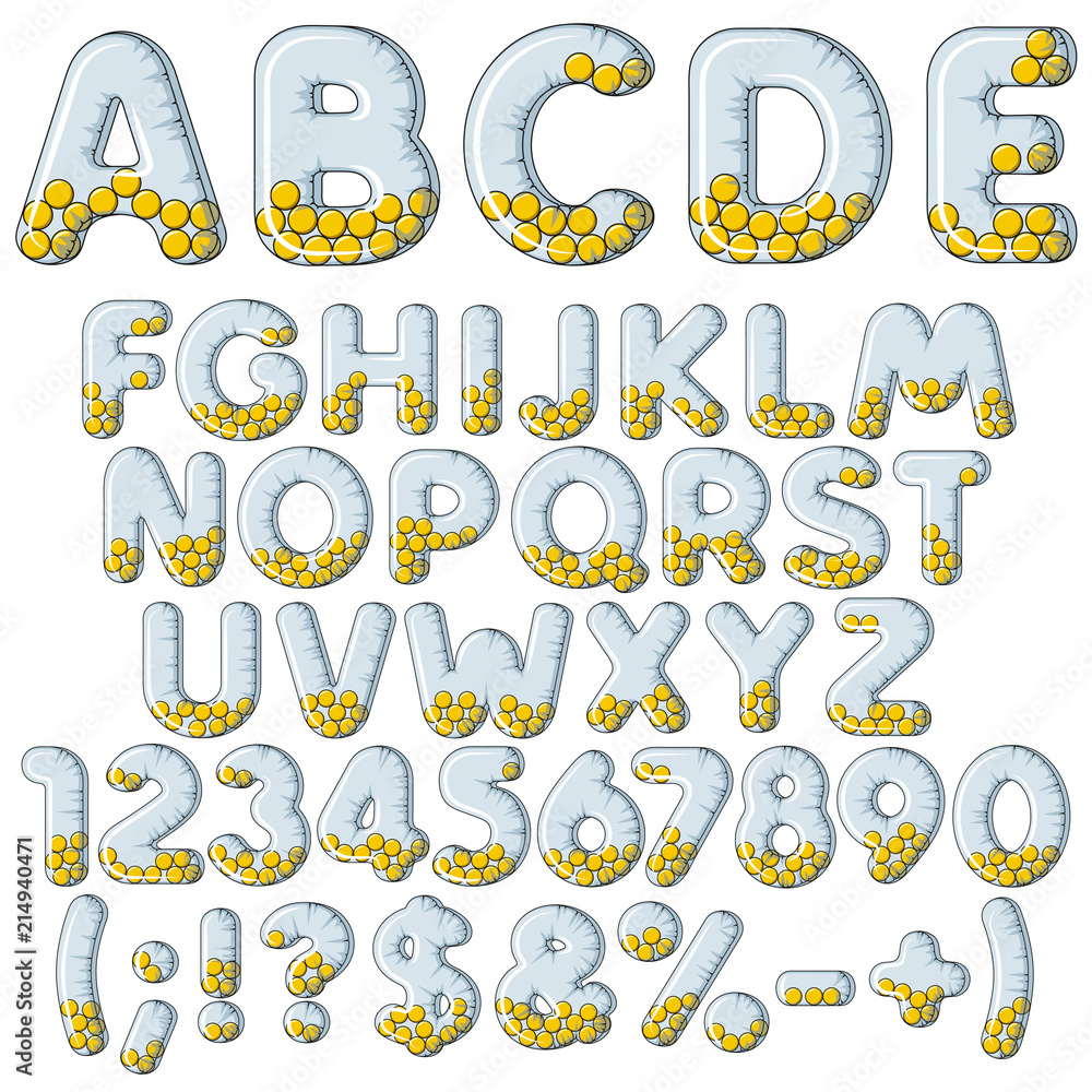 Poster inflatable alphabet, letters, numbers and signs with balls. set of colored vector isolated objects o