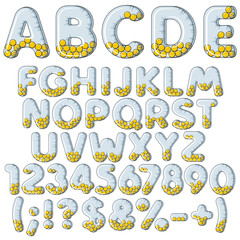 Inflatable alphabet, letters, numbers and signs with balls. Set of colored vector isolated objects on white background.