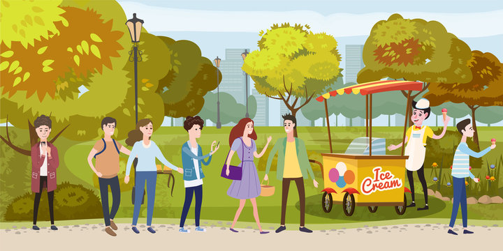 Park, cart and ice cream seller, happy people stand in line for ice cream, men and women, different characters, outdoor, vector, illustration, isolated cartoon style