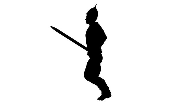Black silhouette of a running warrior. Alpha channel. Alpha matte. FullHD.