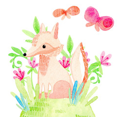 watercolor illustration with cute, cartoon wild animals and plants, fox, butterflies, grass,...