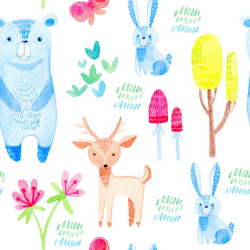 watercolor seamless pattern with cute, cartoon wild animals and plants, bear; deer; rabbit; tree; mushrooms; grass