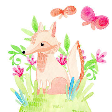 watercolor illustration with cute, cartoon wild animals and plants, fox, butterflies, grass, flowers,