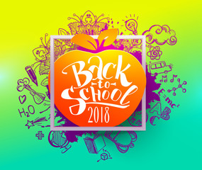 Obraz premium Back to school ink splash background with hand drawn doodle different objects. Lettering style back to school on apple education symbol for business banners, posters, flyers.