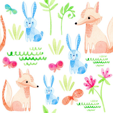 watercolor seamless pattern with cute, cartoon wild animals and plants, fox; butterfly; rabbit; flowers
