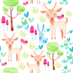 watercolor seamless pattern with cute, cartoon wild animals and plants, tree; deer; grass; hare; mushrooms; butterfly