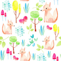 watercolor seamless pattern with cute, cartoon wild animals and plants, tree; fox; butterfly; grass; mushrooms