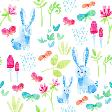 watercolor seamless pattern with cute, cartoon wild animals and plants, rabbit; butterfly; grass; mushrooms