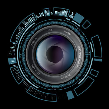 Camera photo lens with HUD interface. Stock vector illustration.