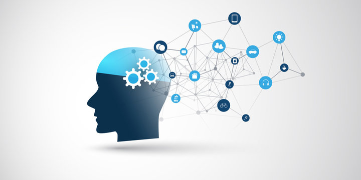 Machine Learning, Artificial Intelligence, Cloud Computing, Automated Support Assistance And Networks Design Concept With Wireframe, Icons And Human Head