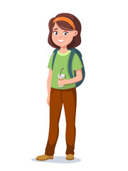 Cute school girl is standing with a paper cup with coffee, tea or juice. Vector illustration.