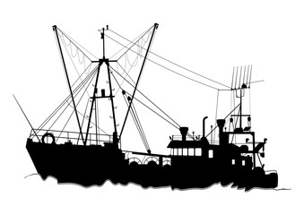 Silhouette of a trawler. Fishing boat on a white background. Flat vector.