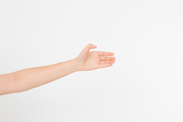 Showing size sign as caucasian hand gesture isolated over white background. afro american hand. Mock up. Copy space. Template. Blank.