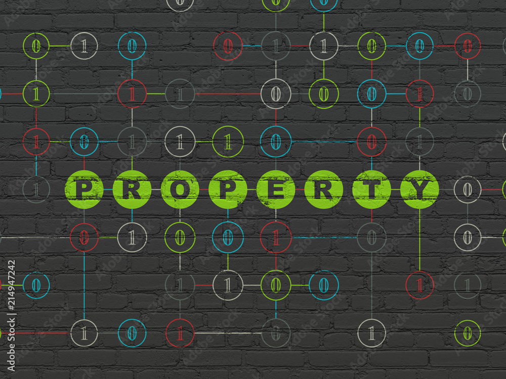 Poster business concept: painted green text property on black brick wall background with binary code