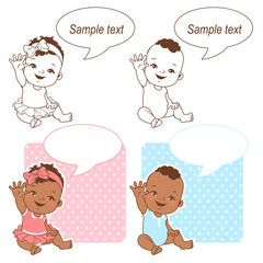Baby shower set. Baby girl and baby boy with blank text bubble. Say hello mom or day. It's a boy, it's a girl card. Dark skin children. Ethnic baby. Color and monochrome outline vector illustration.