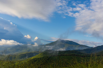 Obraz na płótnie Canvas Blue sky cloudscape on a green mountain landscape