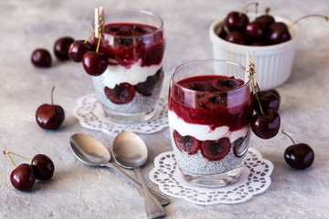 Chia pudding with greek yogurt and fresh cherries 