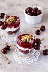 Chia pudding with greek yogurt and fresh cherries 
