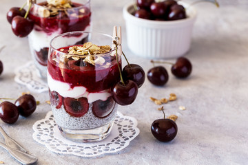 Chia pudding with greek yogurt and fresh cherries 