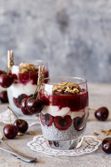 Chia pudding with greek yogurt and fresh cherries 