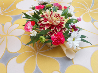 table cloth and a bouquet