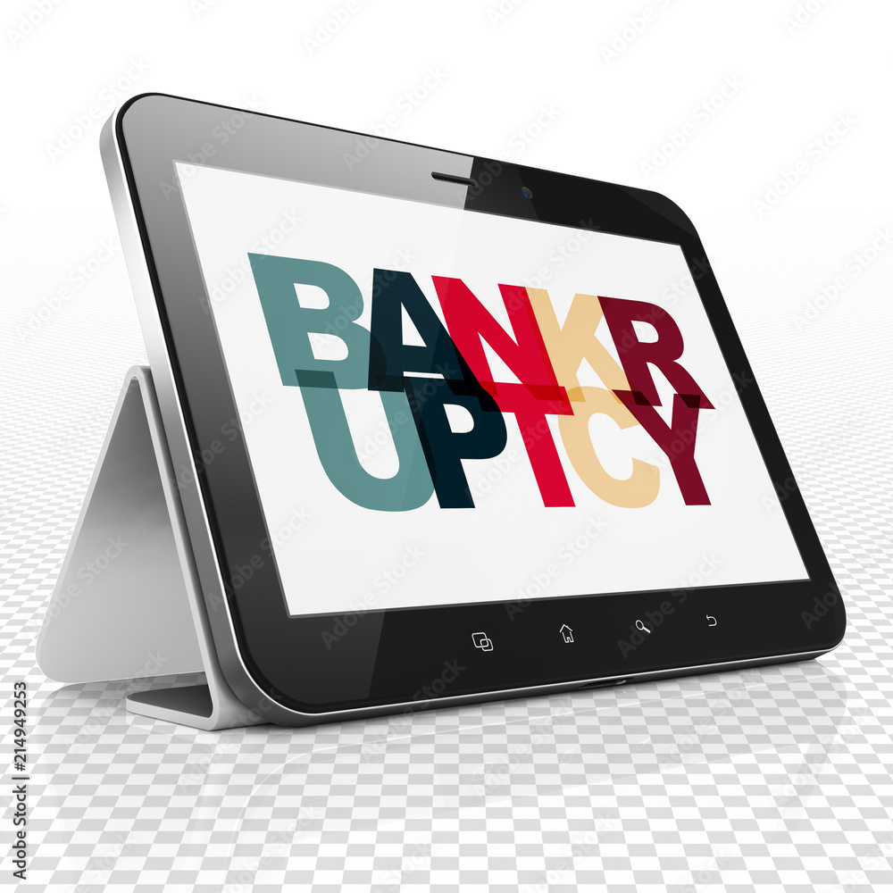 Poster business concept: tablet computer with painted multicolor text bankruptcy on display, 3d rendering