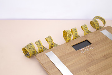 Measuring tape and weighing machine. Healthy life and weight control