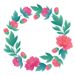 Floral wreath with peony flowers, buds and leaves