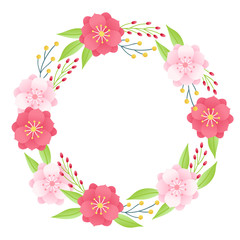 Floral wreath with anemone, leaves and berries on white background