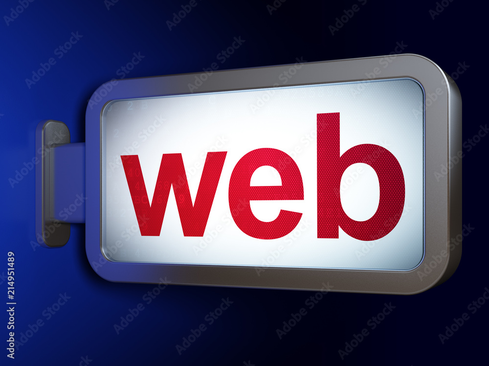 Aufkleber web design concept: web on advertising billboard background, 3d rendering