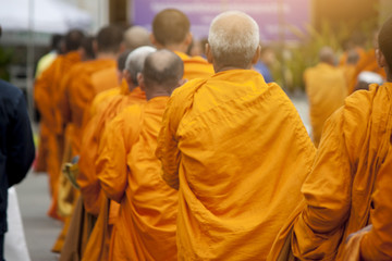 Religion of Thai Monk walk for Alms the important day of Buddhism.