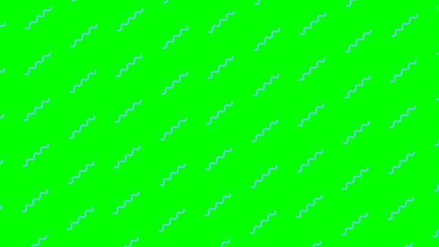 Dise&ntilde;o en v&iacute;deo de patr&oacute;n de un entramado de peque&ntilde;os l&iacute;neas curvas azules en movimiento que que se desplazan mientras hacen zigzag. El fondo es una pantalla verde. Chroma.
