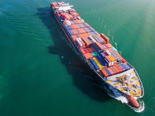 aerial view of the container ship sailing in the medsea, transport delivery shipment from loading port to destination discharging port, services by logistics system to internation Worldwide