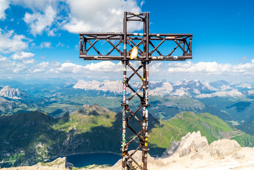 Panoramic view from the top of the Marmolada Glacier . Dolomites. South Tyrol. Italy. Beautiful...