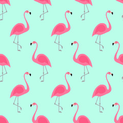 Flamingo seamless pattern on mint green background. Pink flamingo vector background design for fabric and decor.