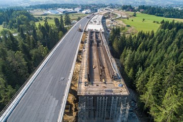 Aerial drone view on viaduct under construction - obrazy, fototapety, plakaty