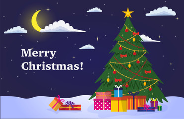 Fototapeta na wymiar Merry Christmas card template with christmas tree illustration. New Year night landscape with christmas tree with decorations, with starry sky with clouds and crescent moon
