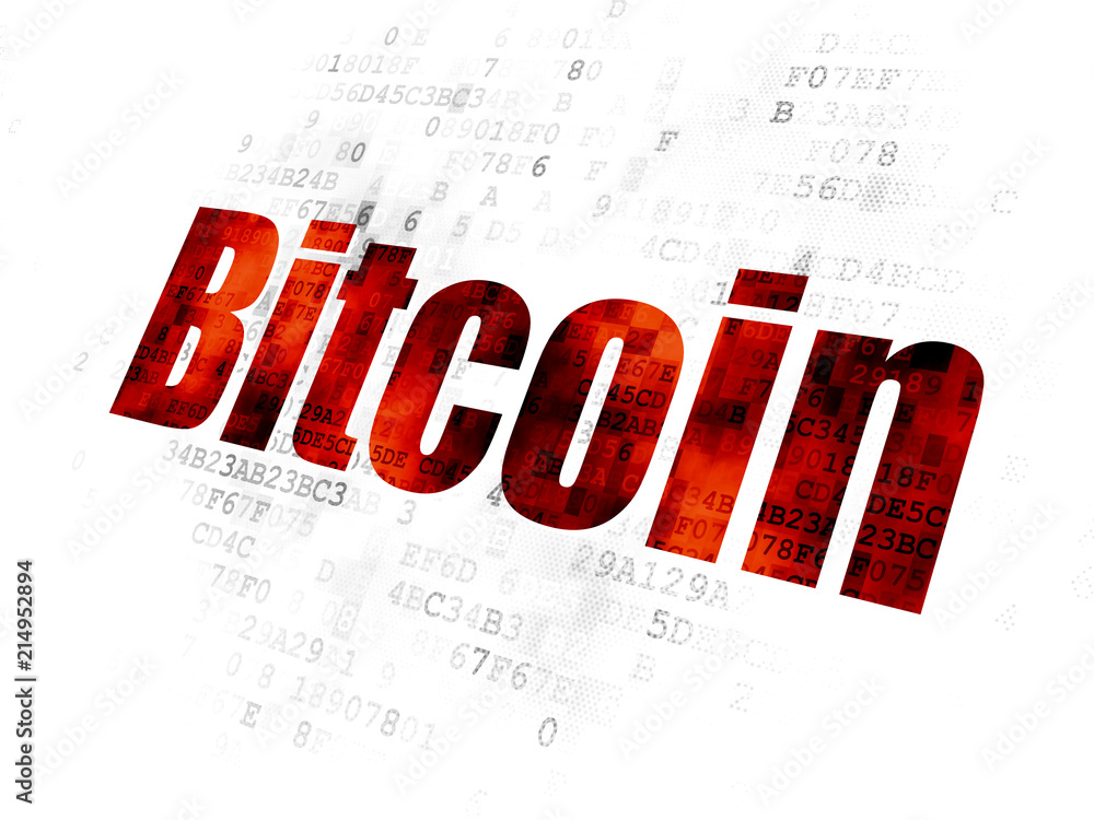 Aufkleber cryptocurrency concept: pixelated red text bitcoin on digital background