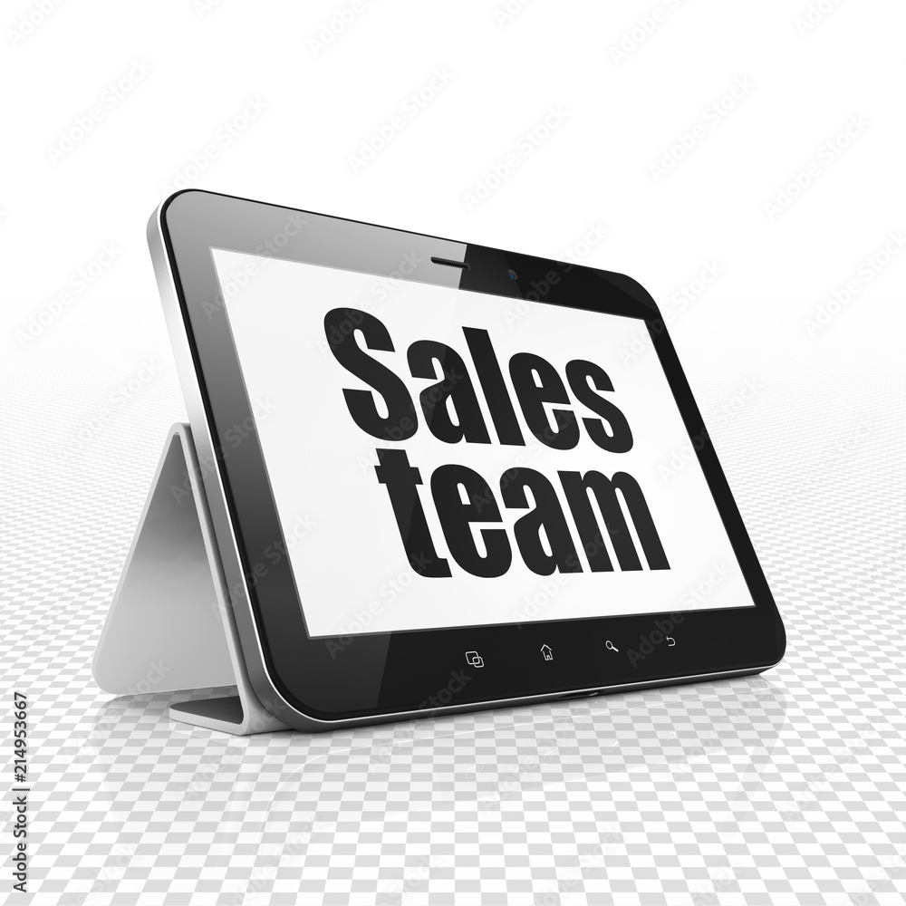 Poster advertising concept: tablet computer with black text sales team on display, tag cloud background, 3d