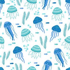 Ocean seamless pattern with bubbles, jellyfish and fishes