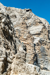 Tofana di Mezzo Via Ferrata in Cortina d'Ampezzo Dolomites. Cabin Cable car Station, View from Punta Anna via ferrata. Big rocky mountains in Dolomites, Italy. Climbing on the rocks in the mountains