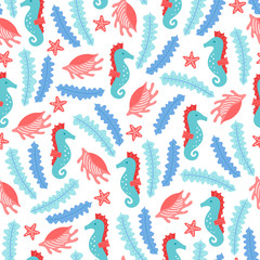 Ocean seamless pattern with shells, seahorse, starfish and seaweed