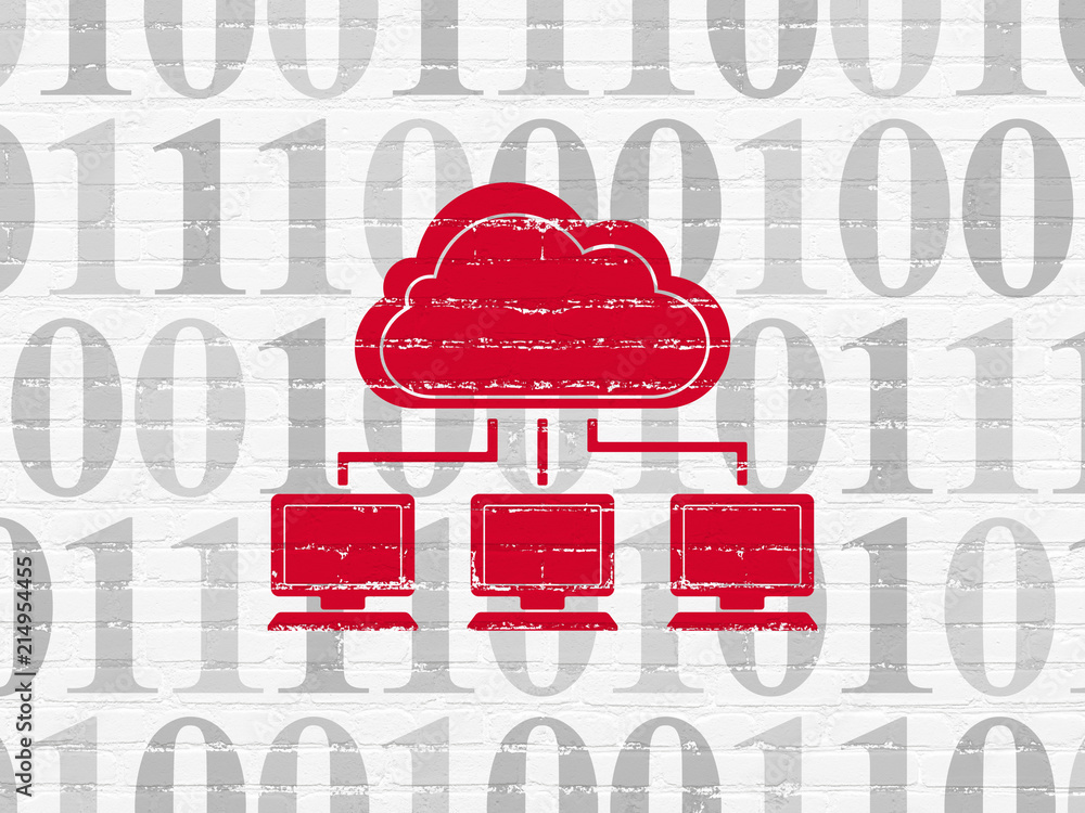Poster cloud technology concept: painted red cloud network icon on white brick wall background with binary 
