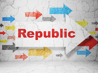 Politics concept:  arrow with Republic on grunge textured concrete wall background, 3D rendering