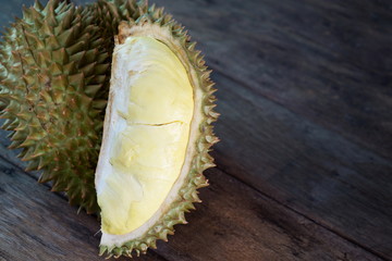 Durian fruit on wooden table.