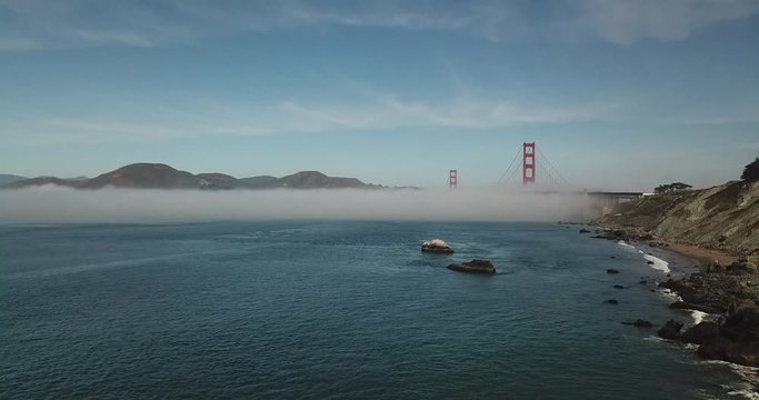 Drone footage of the golden gate bridge an along the shoreline.