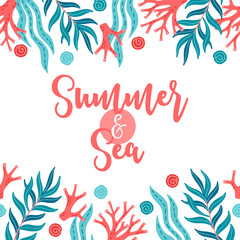 Obraz premium Ocean greeting card with seamless border - coral, seaweed, shells