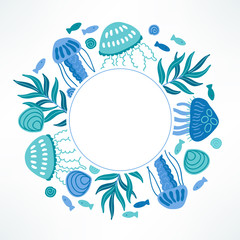 Fototapeta premium Ocean greeting card with seaweed, fish, shell, jellyfish