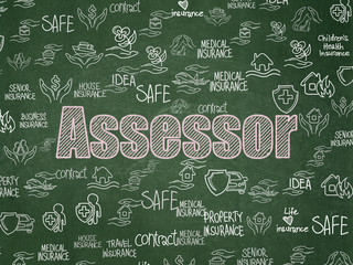 Insurance concept: Chalk Pink text Assessor on School board background with  Hand Drawn Insurance Icons, School Board